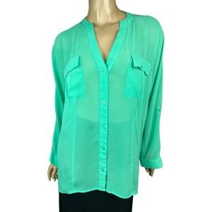 Candie's Green Sheer Blouse Button Front Size L Polyester Asymmetric Hem